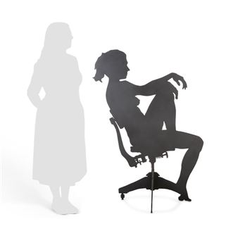 A black silhouette of a seated figure on an office chair next to a full-body shadow.