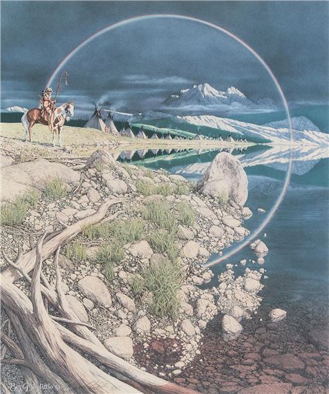 A painting of a man on a horse with a rainbow in the sky.