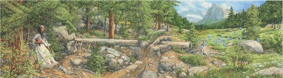 a painting of a woman walking through a forest