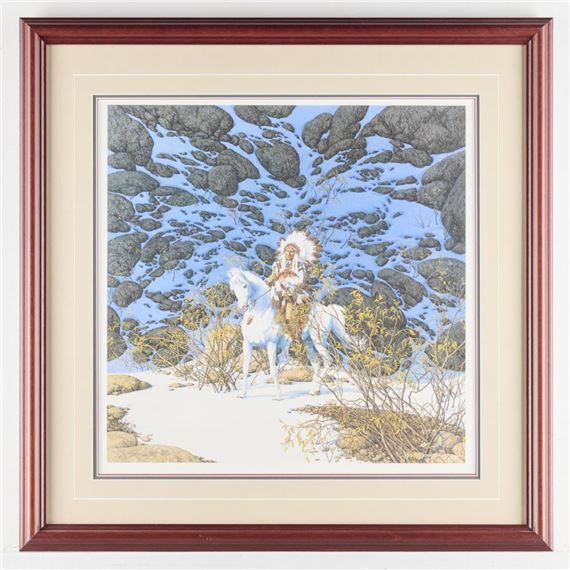 A painting of a man riding a white horse in the snow.