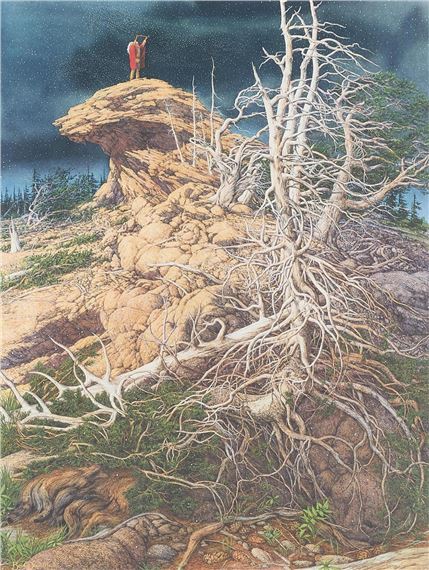 A painting of a man standing on top of a rock.