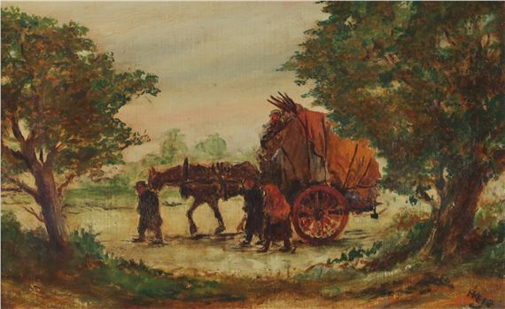 A rustic scene of a horse-drawn wagon moving through a tree-lined path.