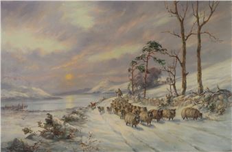 A pastoral winter scene featuring a flock of sheep being led along a snowy path toward distant mountains under a dramatic sky.