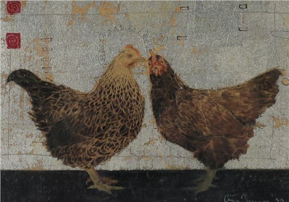 A textured painting of two brown birds facing each other against a weathered background.