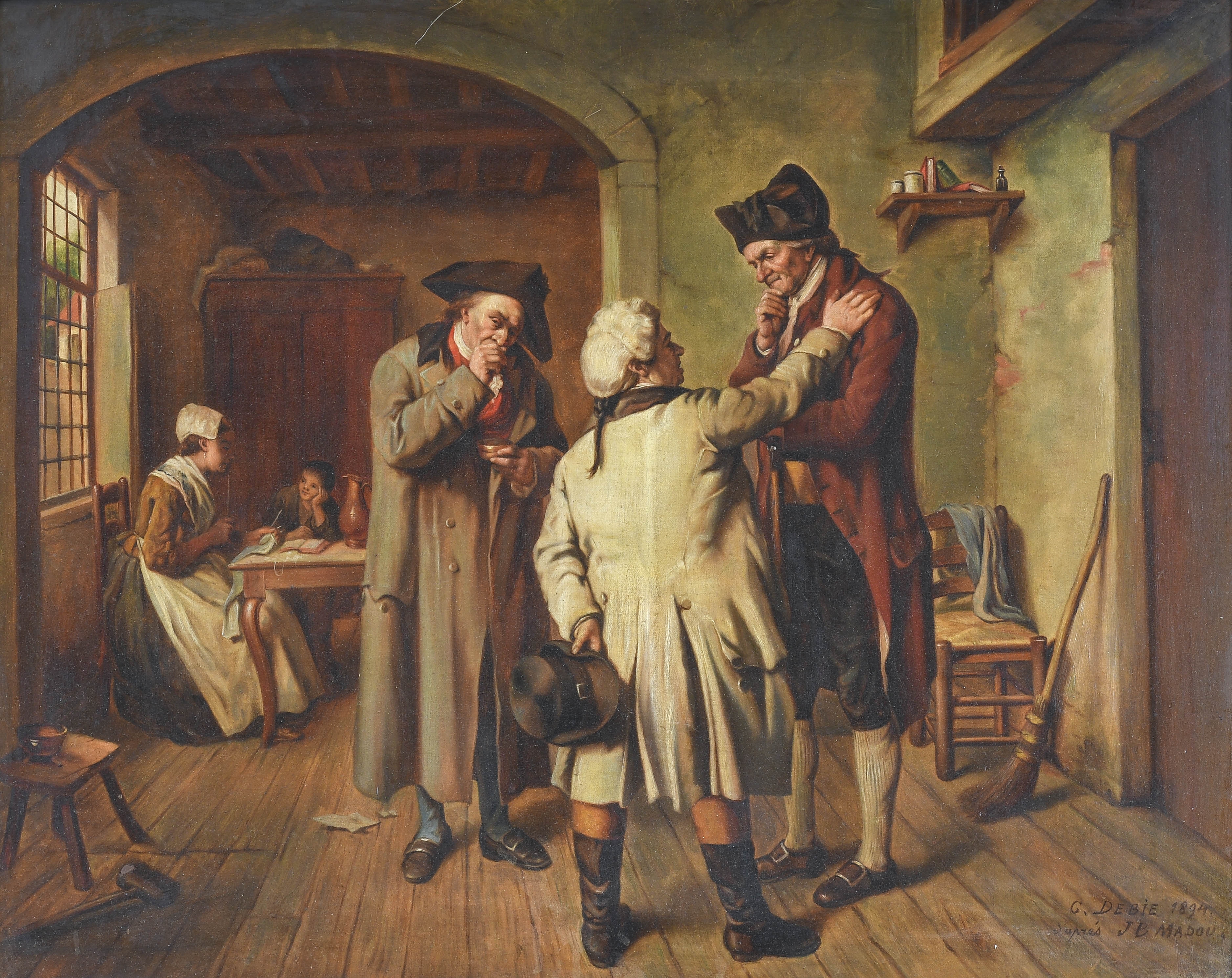 Artwork by Jean Baptiste Madou, C. Debie, Interior scene with gentlemen in conversation, Made of Oil On Canvas