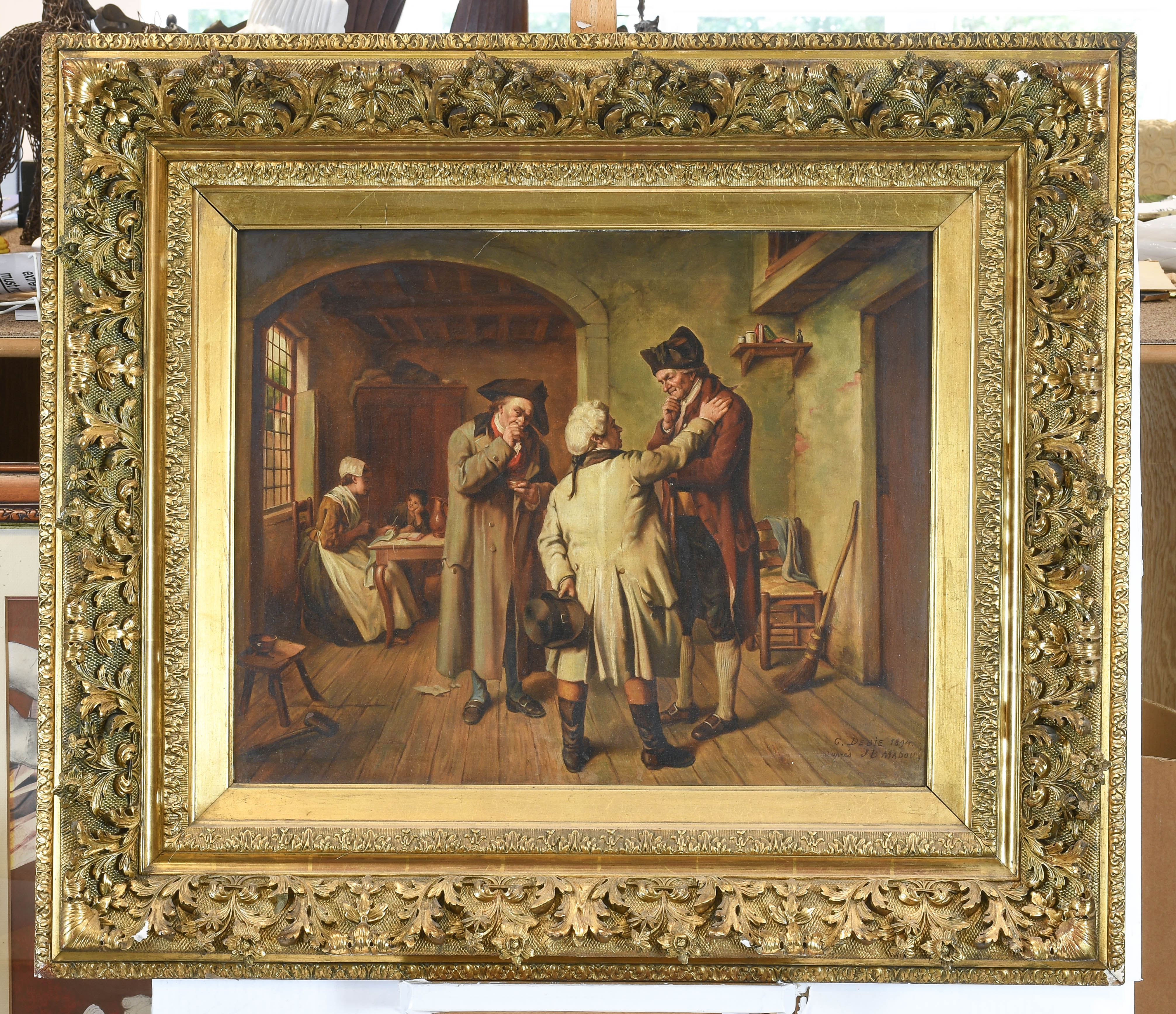 Artwork by Jean Baptiste Madou, C. Debie, Interior scene with gentlemen in conversation, Made of Oil On Canvas
