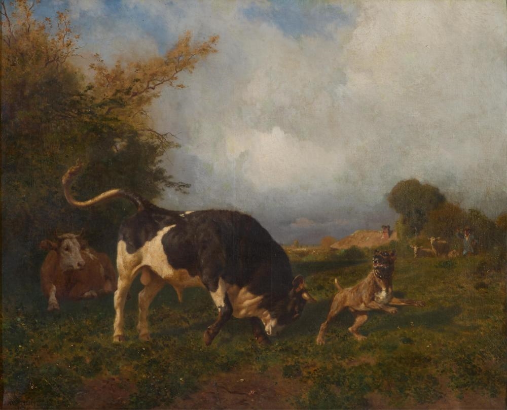 Artwork by Jules Didier, Dog and Bull Standoff, Made of Oil On Canvas