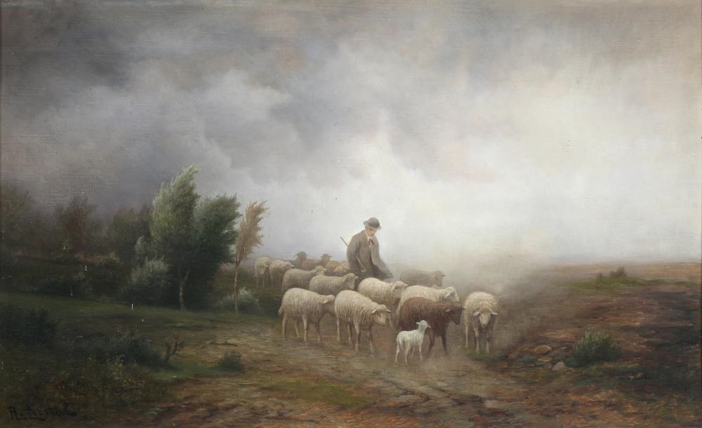 Artwork by R. Liestal, Shepherd with sheep at dusk, Made of Oil / Canvas