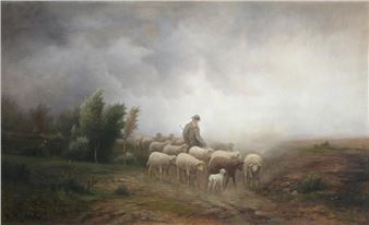 Shepherd with sheep at dusk - R. Liestal