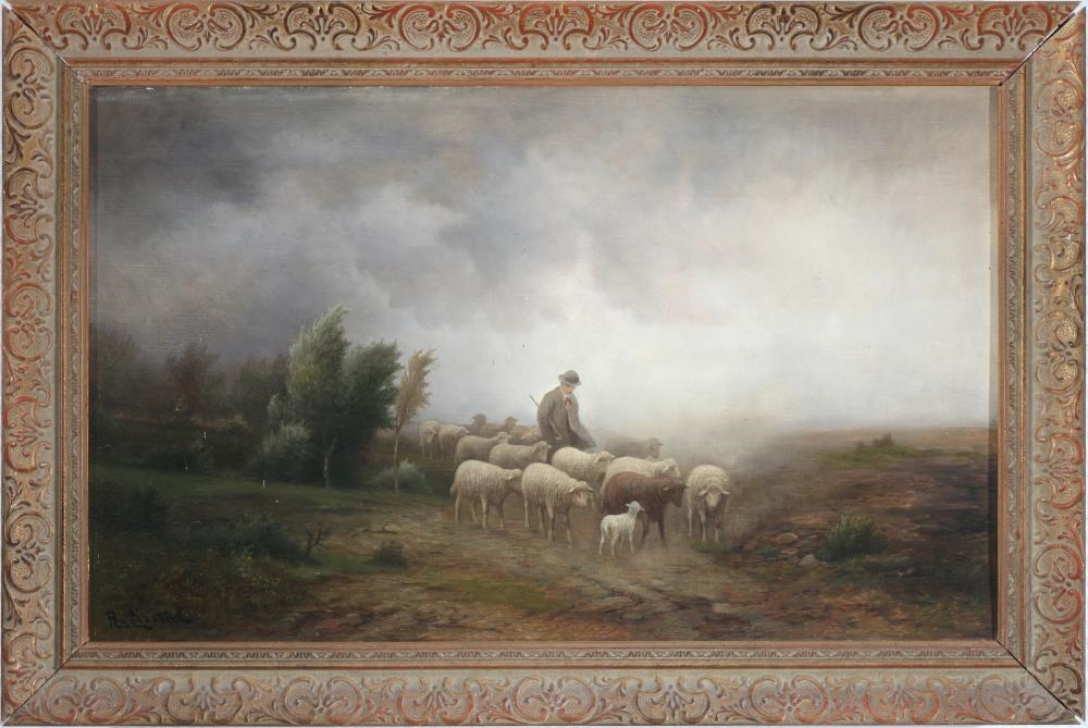 Artwork by R. Liestal, Shepherd with sheep at dusk, Made of Oil / Canvas