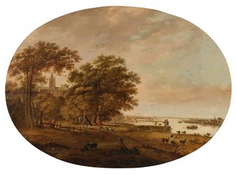 River landscape with ferry, other figures and livestock - Anthonie Jansz. van der Croos