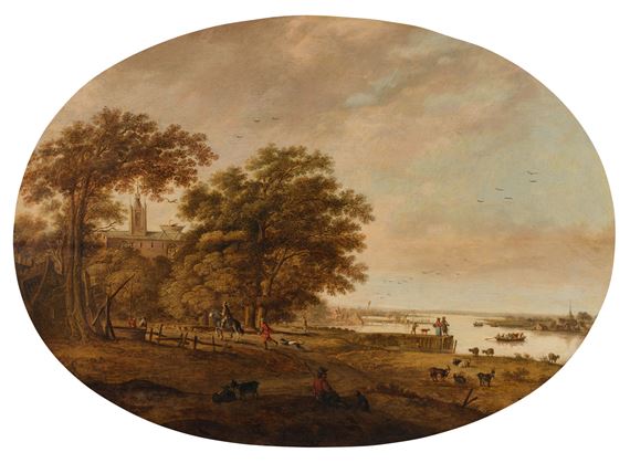 River landscape with ferry, other figures and livestock - Anthonie Jansz. van der Croos