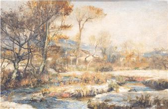 A winter landscape painting featuring a frozen stream, bare trees, and distant houses under a pale sky.