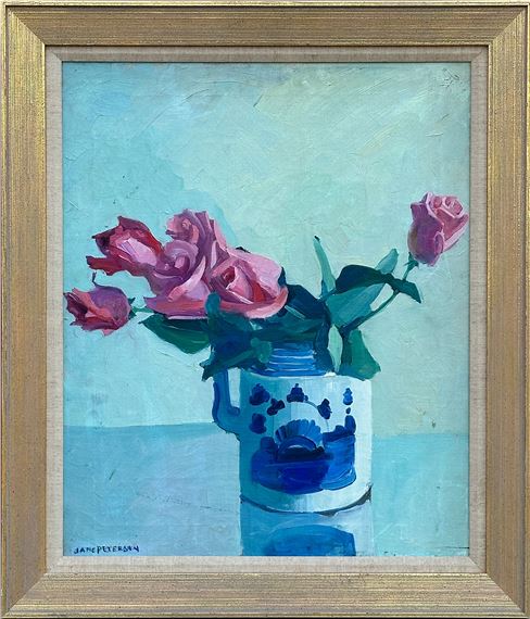 A painting of pink roses in a blue vase on a table.