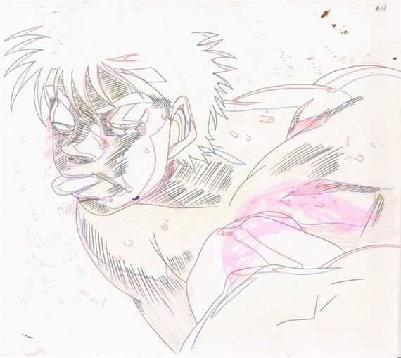 Set of two original animation drawings depicting Ippo in an awkward position by Georges Morikawa, 2000