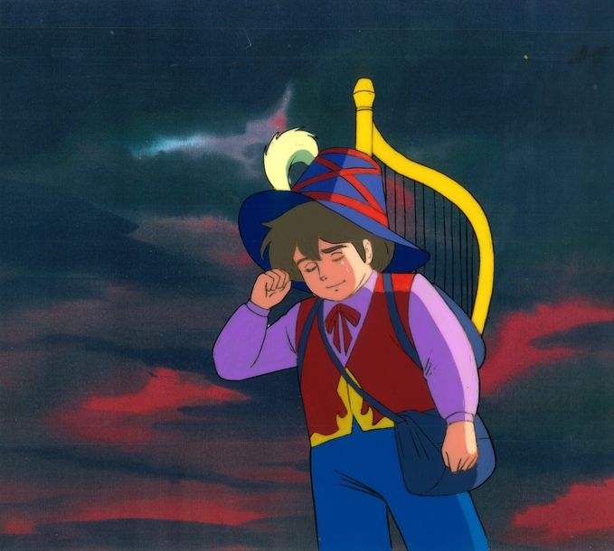 Artwork by Hector Malot, Cellulo showing Remi crying on photocopied background, Made of Gouache