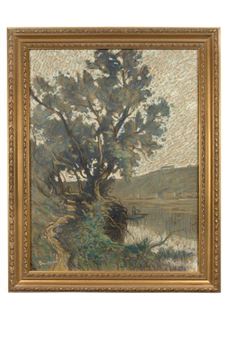 River bank with boat and figures - Eugène Brouillard