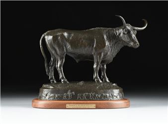 A bronze sculpture of a bull standing on a detailed base with a wooden plinth.
