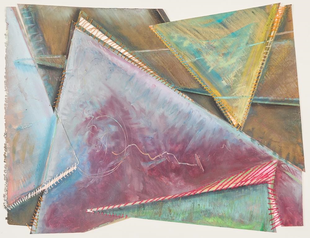 Artwork by Roxanne Grooms, Green Triangle, Made of Acrylic, String, And Mixed Media On Board