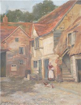 Study of a woman and chickens before cottages - Hugh Allan