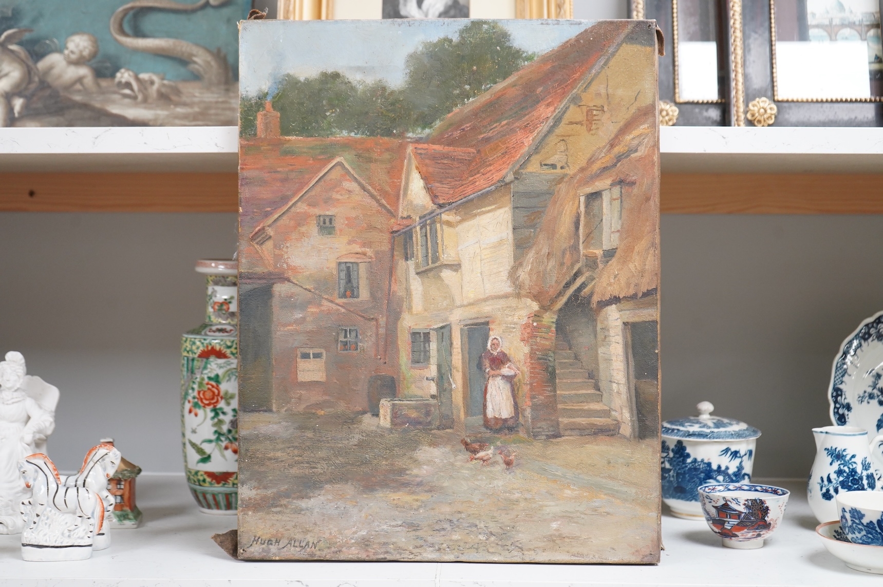 Artwork by Hugh Allan, Study of a woman and chickens before cottages, Made of Oil On Canvas