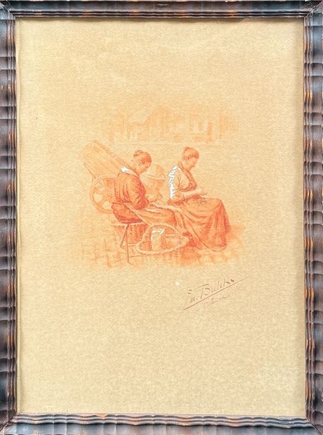 Artwork by Emile Bulcke, Shrimp peelers, Made of Sanguine On Paper