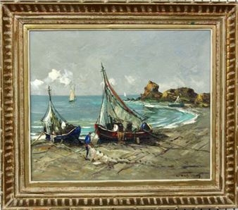 Fishermen with sailing boats on the rocky beach - Deljean