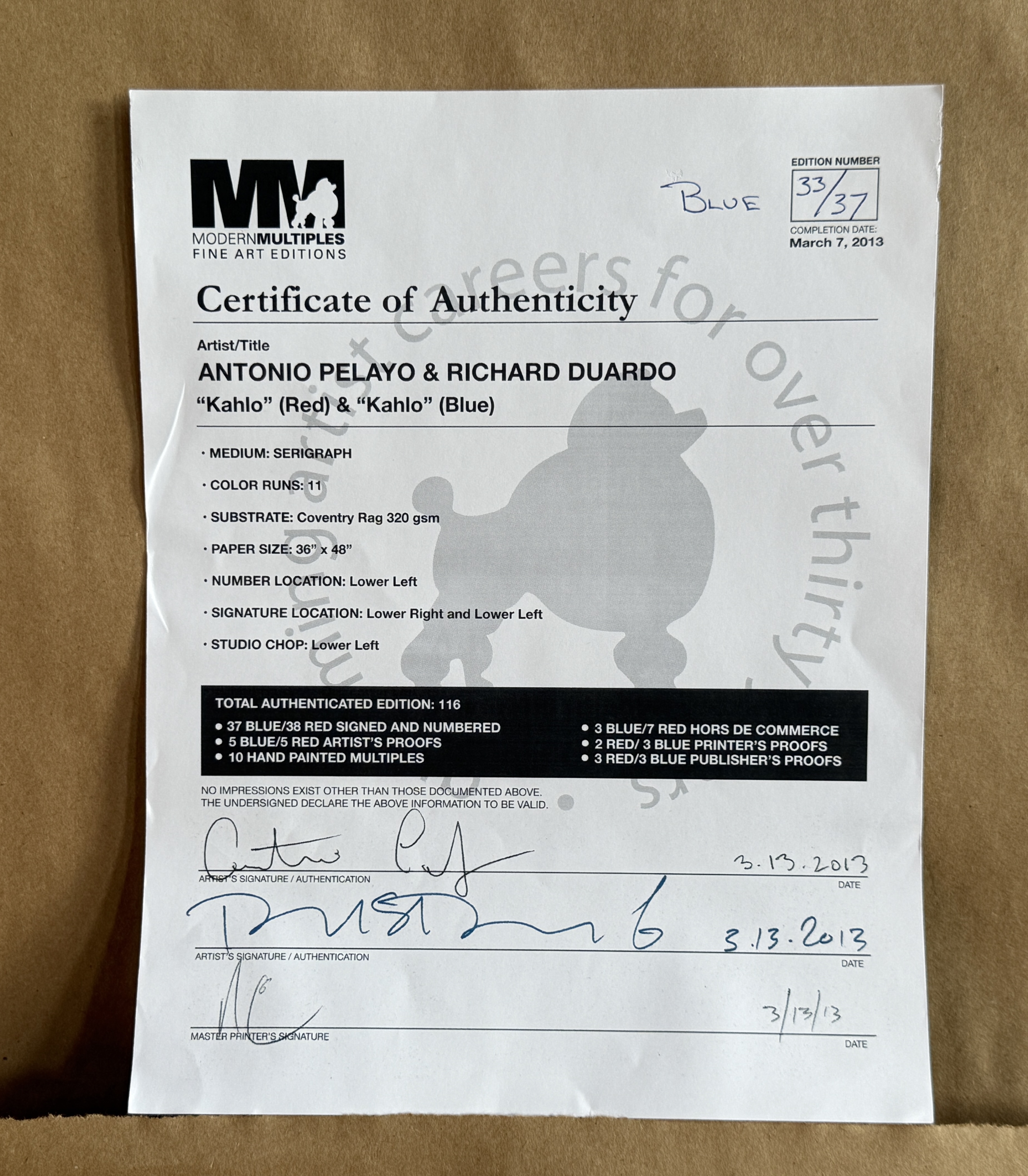 Artwork by Richard Duardo, Antonio Pelayo, KAHLO (BLUE, Made of Serigraph