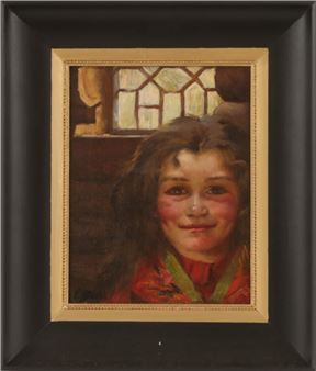 A painting of a young girl in front of a window.