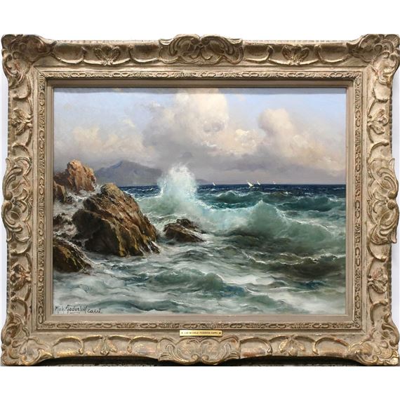 A dramatic seascape painting in an ornate frame depicting turbulent waves crashing against rocky cliffs.