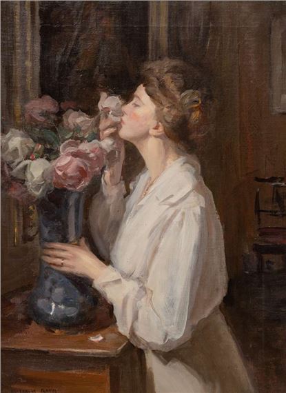 Lady smelling roses - Malcolm Gavin