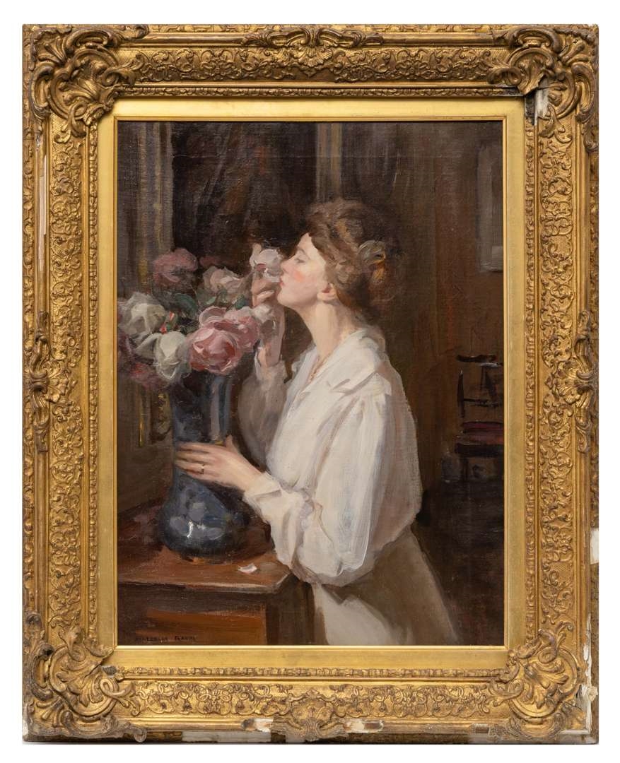 Artwork by Malcolm Gavin, Lady smelling roses, Made of oil on canvas