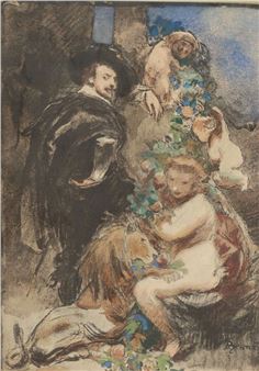 Rubens with nudes, a putto and lion - Albert Besnard