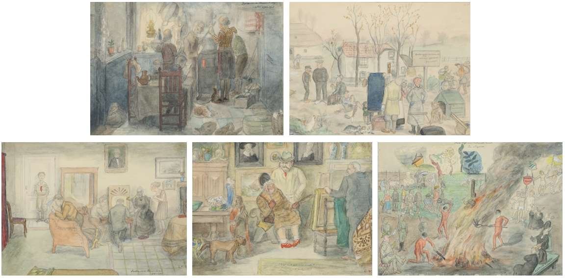 Artwork by Cornelis Veth, I. Trading goods with farmers for food; II. Black-marketeers buying a picture; III. Clandestine listening to the BBC London; IV. Dutch interior scene in winter 1944-45'; V. Throwing of the so-called 'Entartete Kunst' on the stake by the Nazi's, Made of pencil and watercolour on paper