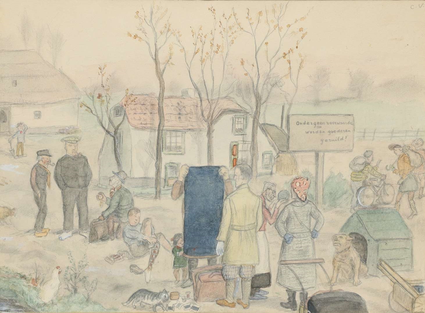 Artwork by Cornelis Veth, I. Trading goods with farmers for food; II. Black-marketeers buying a picture; III. Clandestine listening to the BBC London; IV. Dutch interior scene in winter 1944-45'; V. Throwing of the so-called 'Entartete Kunst' on the stake by the Nazi's, Made of pencil and watercolour on paper