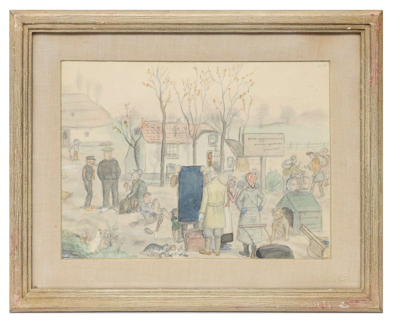 Artwork by Cornelis Veth, I. Trading goods with farmers for food; II. Black-marketeers buying a picture; III. Clandestine listening to the BBC London; IV. Dutch interior scene in winter 1944-45'; V. Throwing of the so-called 'Entartete Kunst' on the stake by the Nazi's, Made of pencil and watercolour on paper