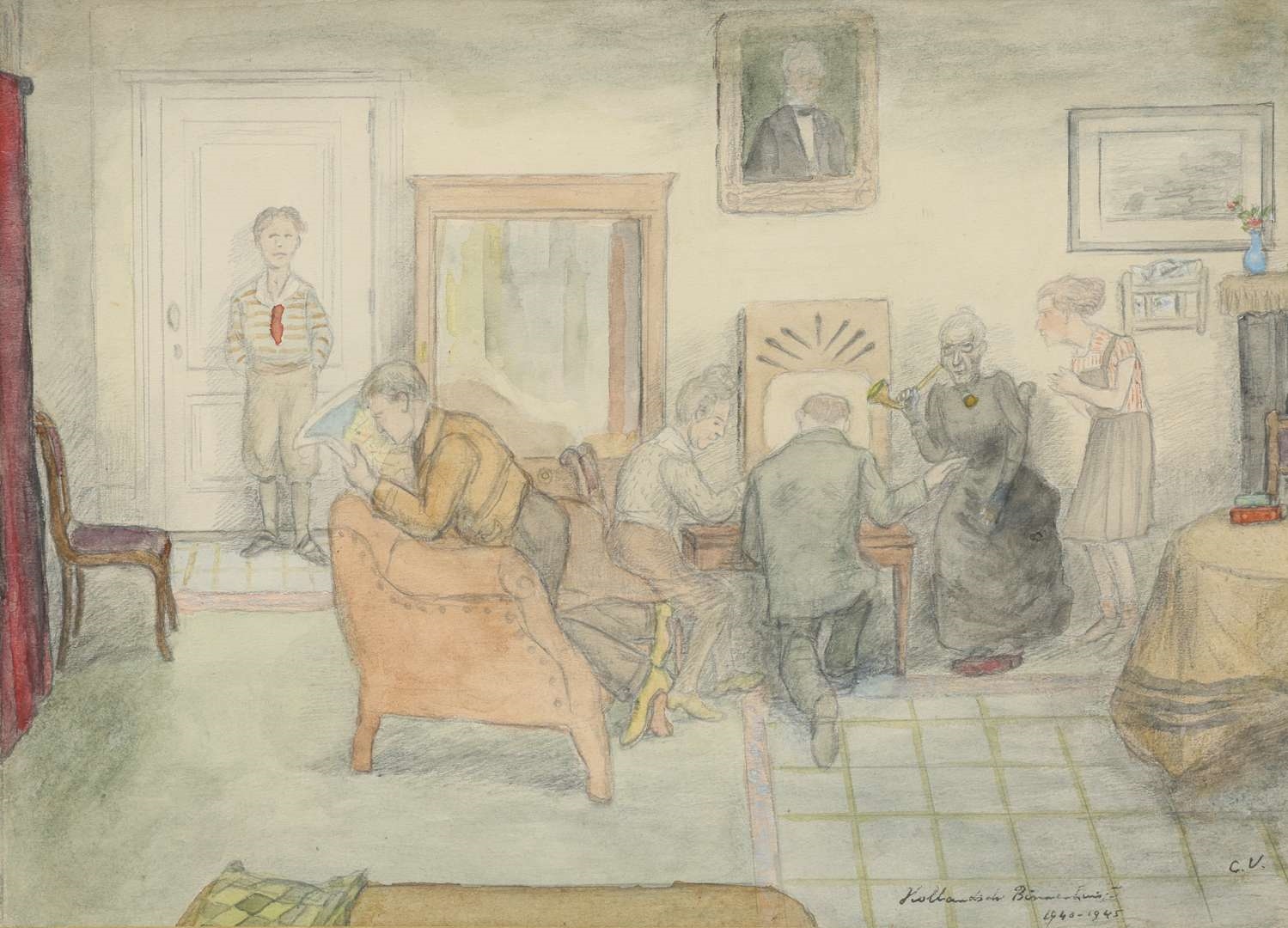 Artwork by Cornelis Veth, I. Trading goods with farmers for food; II. Black-marketeers buying a picture; III. Clandestine listening to the BBC London; IV. Dutch interior scene in winter 1944-45'; V. Throwing of the so-called 'Entartete Kunst' on the stake by the Nazi's, Made of pencil and watercolour on paper