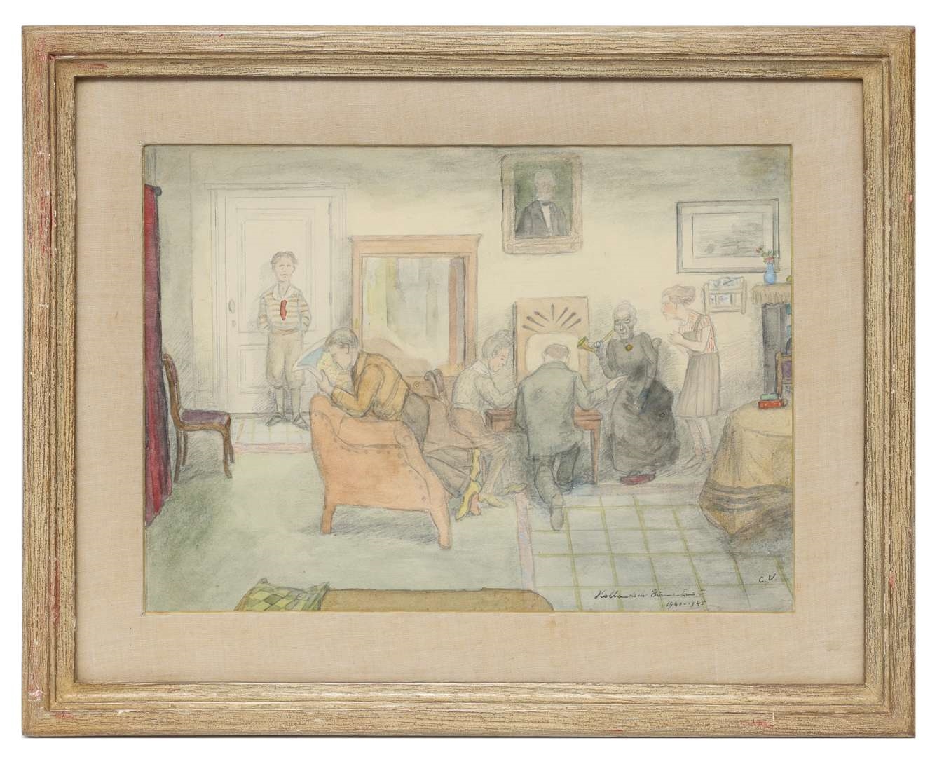 Artwork by Cornelis Veth, I. Trading goods with farmers for food; II. Black-marketeers buying a picture; III. Clandestine listening to the BBC London; IV. Dutch interior scene in winter 1944-45'; V. Throwing of the so-called 'Entartete Kunst' on the stake by the Nazi's, Made of pencil and watercolour on paper