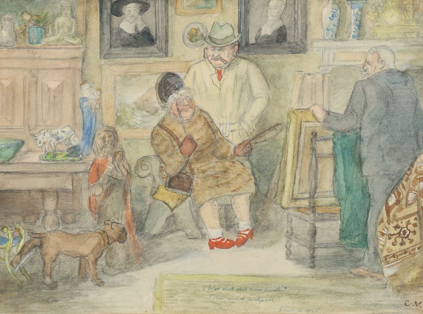 Artwork by Cornelis Veth, I. Trading goods with farmers for food; II. Black-marketeers buying a picture; III. Clandestine listening to the BBC London; IV. Dutch interior scene in winter 1944-45'; V. Throwing of the so-called 'Entartete Kunst' on the stake by the Nazi's, Made of pencil and watercolour on paper