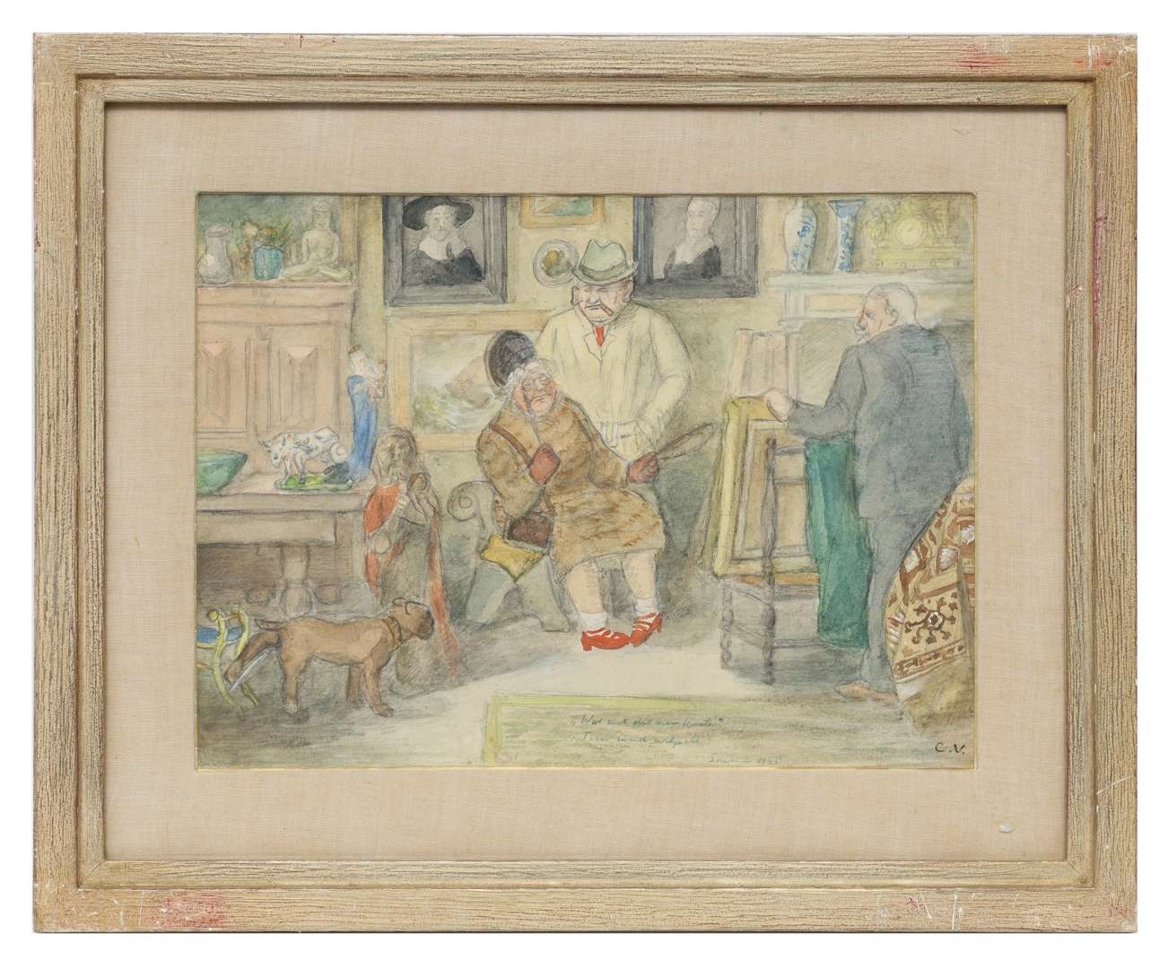 Artwork by Cornelis Veth, I. Trading goods with farmers for food; II. Black-marketeers buying a picture; III. Clandestine listening to the BBC London; IV. Dutch interior scene in winter 1944-45'; V. Throwing of the so-called 'Entartete Kunst' on the stake by the Nazi's, Made of pencil and watercolour on paper