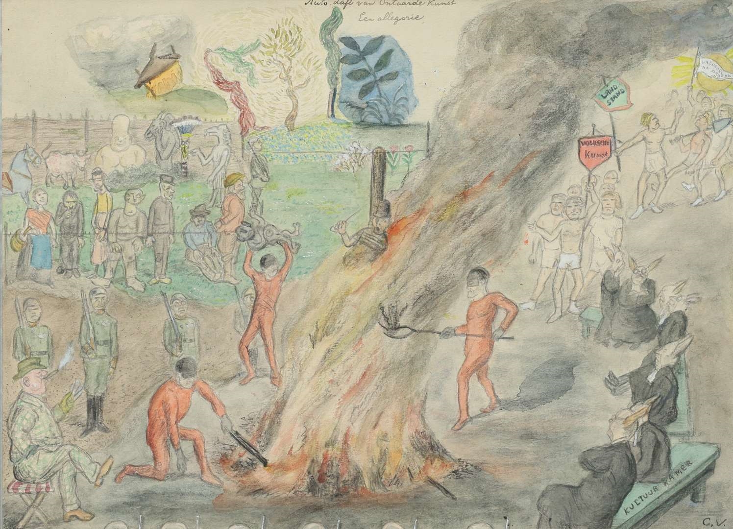 Artwork by Cornelis Veth, I. Trading goods with farmers for food; II. Black-marketeers buying a picture; III. Clandestine listening to the BBC London; IV. Dutch interior scene in winter 1944-45'; V. Throwing of the so-called 'Entartete Kunst' on the stake by the Nazi's, Made of pencil and watercolour on paper