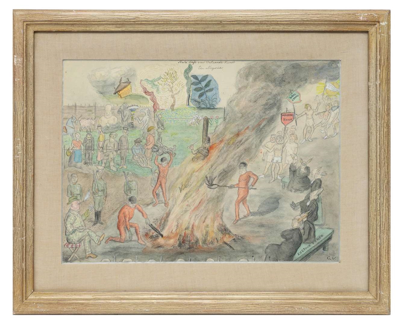 Artwork by Cornelis Veth, I. Trading goods with farmers for food; II. Black-marketeers buying a picture; III. Clandestine listening to the BBC London; IV. Dutch interior scene in winter 1944-45'; V. Throwing of the so-called 'Entartete Kunst' on the stake by the Nazi's, Made of pencil and watercolour on paper