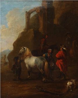 Tending to the horse by a ruin - Hendrick Verschuring