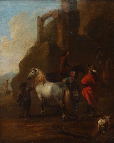 Tending to the horse by a ruin - Hendrick Verschuring