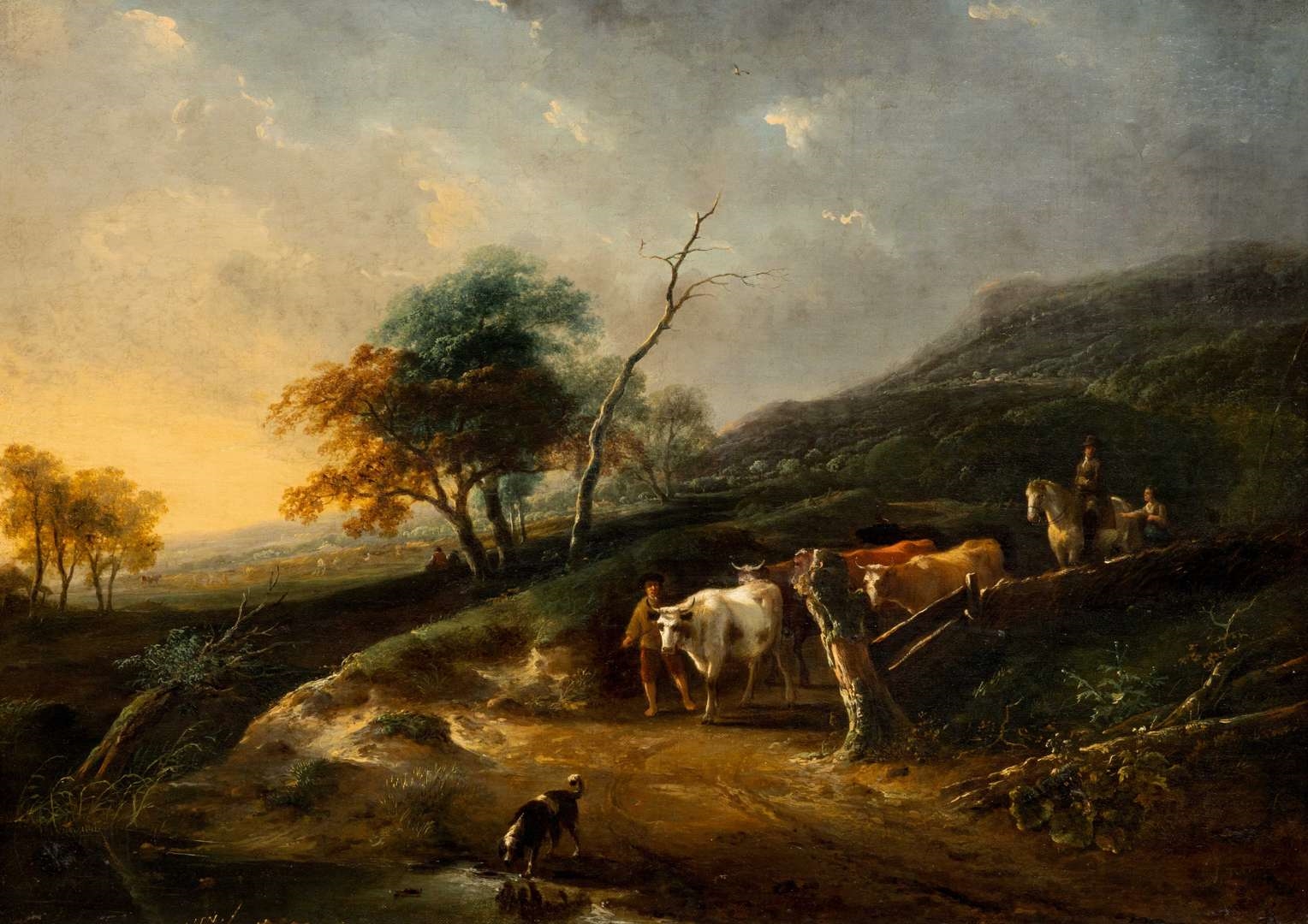 Artwork by Andries Vermeulen, Shepherd with cattle in a hilly landscape, Made of oil on canvas