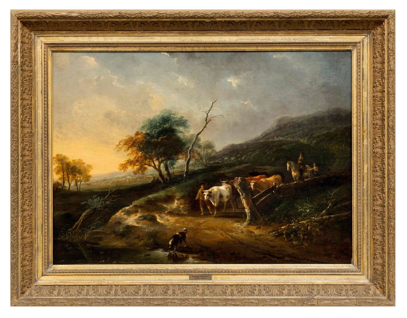 Artwork by Andries Vermeulen, Shepherd with cattle in a hilly landscape, Made of oil on canvas