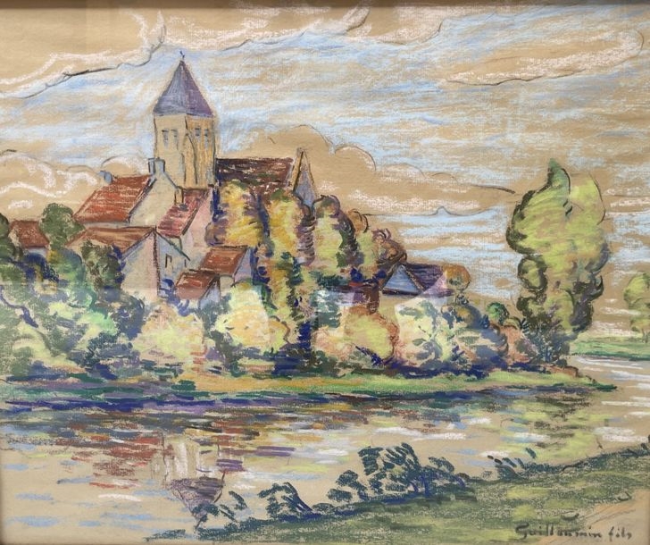 Artwork by Armand Guillaumin II, Village by the river, Made of Pastel On Brown Paper