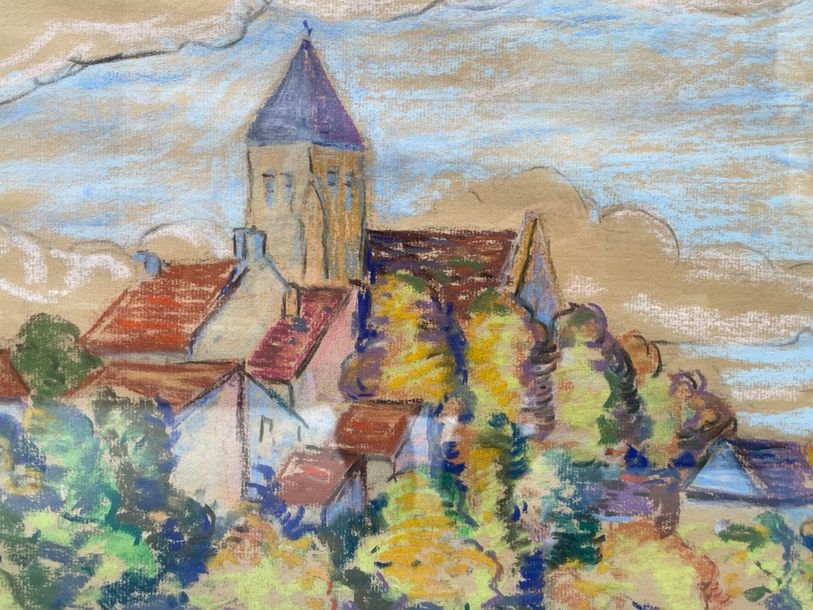 Artwork by Armand Guillaumin II, Village by the river, Made of Pastel On Brown Paper