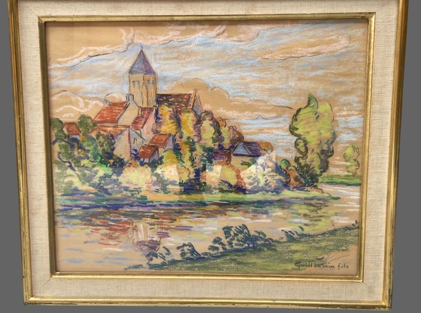 Artwork by Armand Guillaumin II, Village by the river, Made of Pastel On Brown Paper