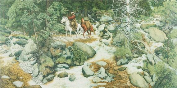 A painting of two people riding horses across a stream.
